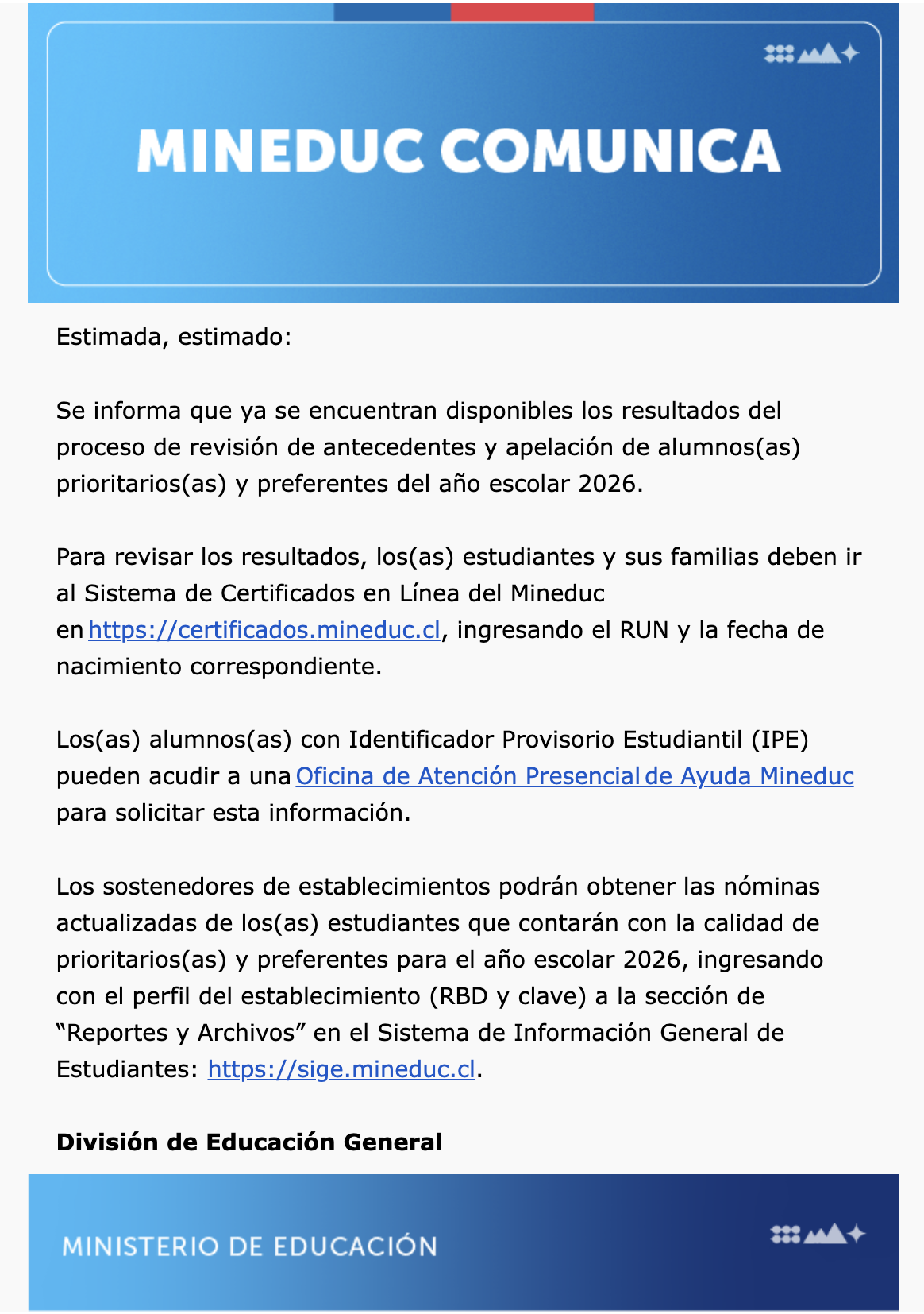 Resultados de revisión de antecedentes y apelación de alumnos(as) prioritarios(as) y preferentes 2026