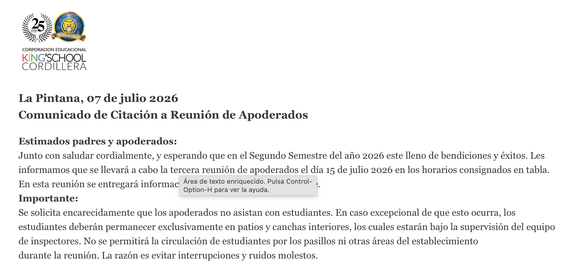 COMUNICADO DE REUNIÓN APODERADOS 15 DE JULIO 2026